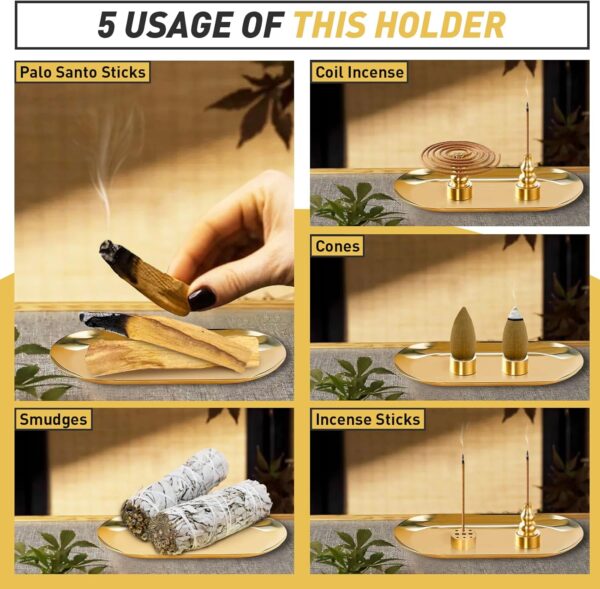 Incense Holder 5.5 inches, 5 in 1 Incense Burner, Palo Santo Holder, Sage Holder, Long Incense Holder for Sticks/Coil Incense/Incense Cones, Brass Insence Sticks Holder, Yoga Meditation Accessories