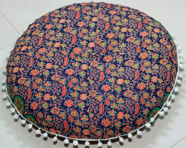 CRAFT KALA Mandala Floor Pillow Cushion Cover Seating Throw Cover Hippie Decorative Bohemian Ottoman Poufs Pom Pom Pillow Cases Boho Indian Cotton Living Room Yoga Home Décor (24" Round, Multi Mirchi)