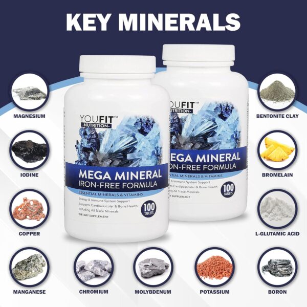 Mega Minerals Supplement by Youfit Nutrition | All 72 Trace Minerals | Premium Formula with Source of Minerals and Immune Health Support | Iron Free | All in One |1000mg Calcium 500mg Magnesium