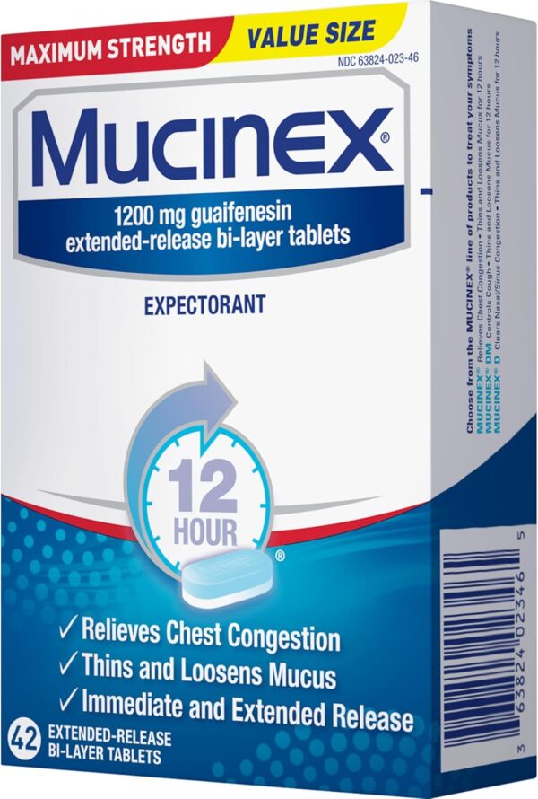 Mucinex 12 Hour 1200mg Maximum Strength Guaifenesin Chest Congestion & Mucus Relief, Guaifenesin Expectorant Aids Mucus Removal, Chest Decongestant for Adults, Dr Recommended, 42ct Tablets