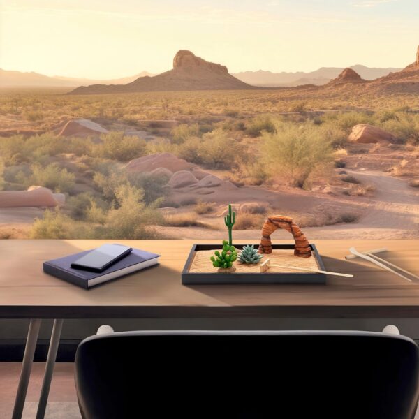 Desert Zen Garden Kit. Premium Home Cactus Decor. 11x8 Sand Tray. 4 Artificial Features, Brown Sand, 3 Handcrafted Wood Tools. Southwestern Desert Decor Zen Garden for Desk Therapy