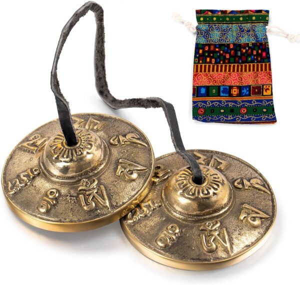 Boao Tibetan Tingsha Cymbals Meditation Chime Bells with Tibetan Drawstring Cloth Bag, 6.3 cm Meditation Chime Bells, for Percussion Instrument(Om Mane Padme Hum Symbols Embossed)