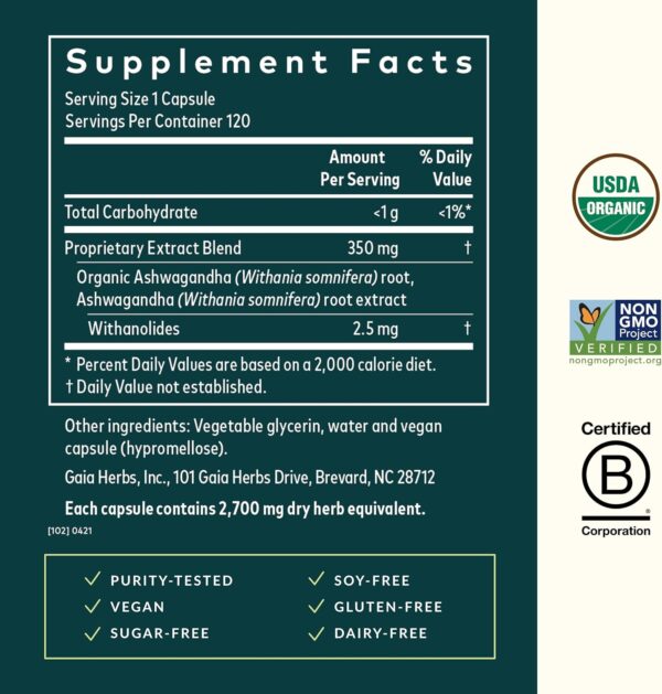 Gaia Herbs, Ashwagandha Root Vegan Liquid Phyto Capsules - Stress Relief, Immune Support Supplement, Balanced Energy Levels and Mood , 120 Ct (Pack of 1)
