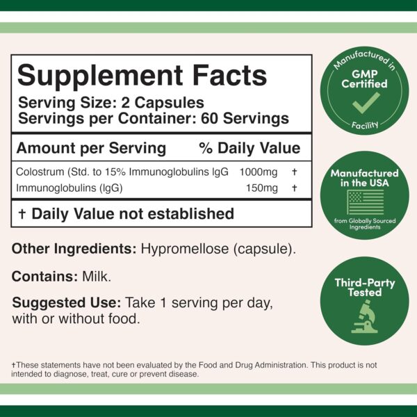 Colostrum Supplement 120 Capsules, 1,000mg per Serving (Bovine Colostrum Powder from First Milking Only, Std. to Contain 15% IgG Immunoglobulins) No Fillers, Third Party Tested by Double Wood