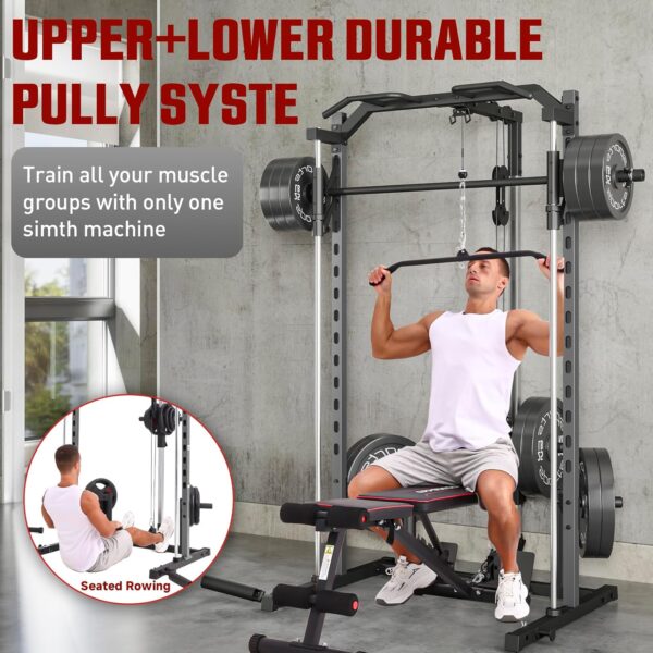 OPPSDECOR All-in-One Adjustable Smith Machine with LAT-Pull Down System Multi-Function Power Cage for Home Gym Cable Crossover Squat Rack of Workout Machine Training Equipment with Attachments