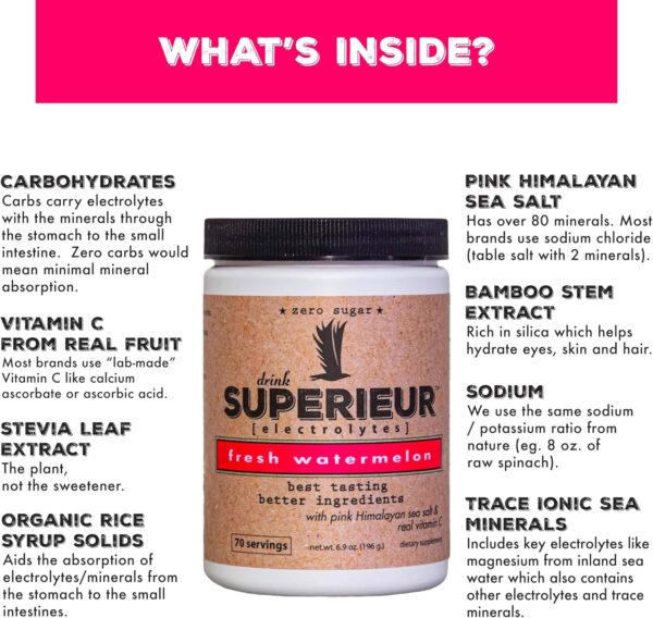 Superieur Electrolytes – Plant Based Electrolyte Supplement w/Sea Minerals for Hydration & Recovery – Keto Friendly, Non-GMO, Zero Sugar, Vegan Healthy Sports Drink Powder – Watermelon (70 Servings)