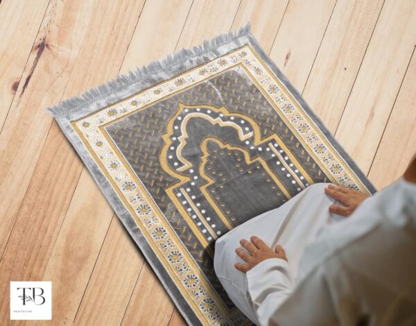 TB Islamic Prayer Rug Soft Velvet Muslim Mat Unique Arabic Turkish African Embroidered Design Prayer Bead Daily Salah Prayer Meditation Ramadan Eid Gift for Women Men Kids (Dark Gray)