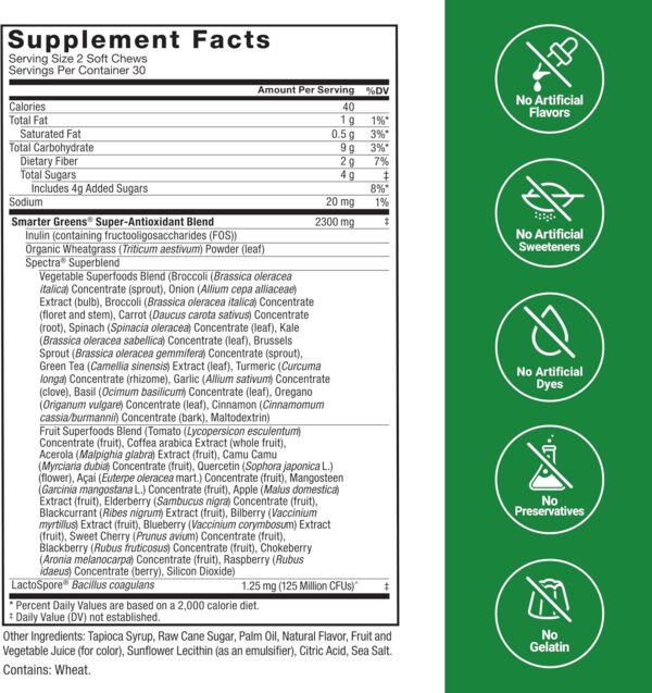 FORCE FACTOR Smarter Greens Superfood Chews, Greens and Superfoods with Probiotics, Antioxidants, and Fiber, Greens Supplement to Support Digestion, Nitric Oxide, and Energy, 60 Soft Chews