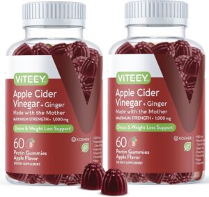 Apple Cider Vinegar Gummies 1,000mg Plus Ginger, ACV with The Mother, Detox Cleanse for Weight Loss and Immune Support, Vegan, Gluten Free, Gelatin Free, GMO Free - Chewable Apple Flavored Gummy
