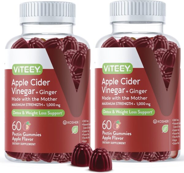 Apple Cider Vinegar Gummies 1,000mg Plus Ginger, ACV with The Mother, Detox Cleanse for Weight Loss and Immune Support, Vegan, Gluten Free, Gelatin Free, GMO Free - Chewable Apple Flavored Gummy