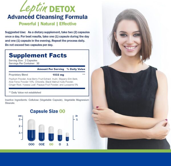 Power By Naturals Leptin Detox Cleanse for Reduce Weight - Natural Gut & Colon Cleanser, 1532mg, Acai Berry Cleanse for Men & Women, 60 Capsules, USA-Made