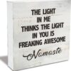 Namaste Quote the Light in Me Thinks the Light in You Wood Box Sign Rusitc Wooden Box Sign Yoga Meditation Room Desk Shelf Decor (5 X 5 Inch)