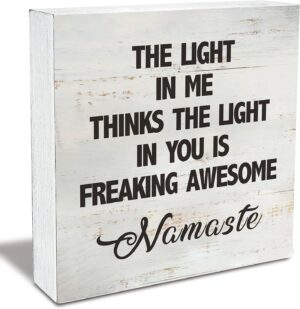 Namaste Quote the Light in Me Thinks the Light in You Wood Box Sign Rusitc Wooden Box Sign Yoga Meditation Room Desk Shelf Decor (5 X 5 Inch)
