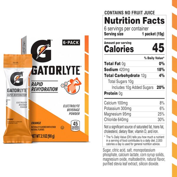 Gatorlyte Electrolyte Beverage Powder, Orange, Makes 20 Fl Oz, 3.1 ounce (Pack of 6)