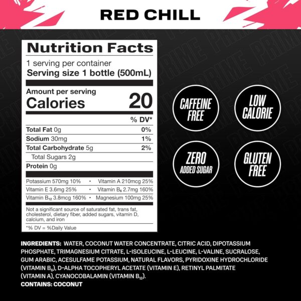 PRIME ICE Hydration RED CHILL, Sports Drinks, Electrolyte Enhanced for Ultimate Hydration, 250mg BCAAs, B Vitamins, Antioxidants, Low Sugar, 16.9 Fl Oz, 12 Pack