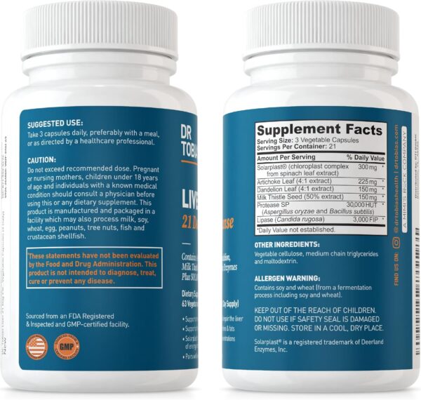 Dr. Tobias Liver 21 Day Cleanse, Herbal Liver Detox Cleanse with Solarplast, Artichoke, Milk Thistle & Dandelion Extract, 63 Vegetable Capsules (3 Daily)