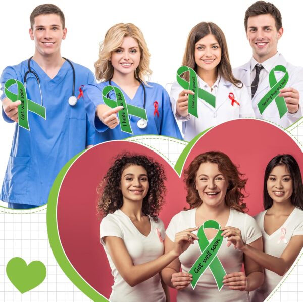 Qilery 100 Pcs Large Green Ribbon Cutouts with 2 Pcs Marker Pens Paper Mental Health Awareness Cutouts Mental Health Month Items for Charity Fundraiser Support Supplies