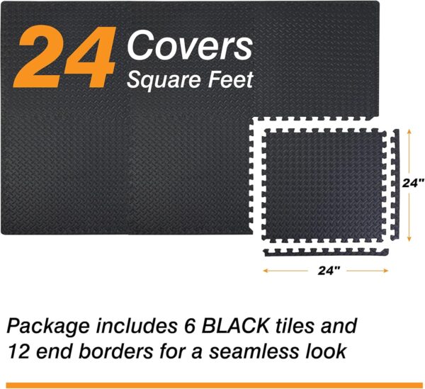 Mat Block Interlocking Foam Tiles Puzzle Mats for Floor 24 SQ FT, 1/2 inch, 6 Tiles, EVA Gym Mat Flooring Exercise Equipment Mat for Home Gym Equipment, Black, 6pcs