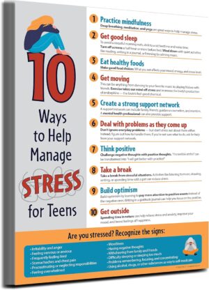 ZOCO — 10 Ways to Manage Stress for Teens Posters (20 Pack) — Mental Health Awareness Items — School Counselor Must Haves — Therapy Office Decor — Laminated, 17 x 22 inches