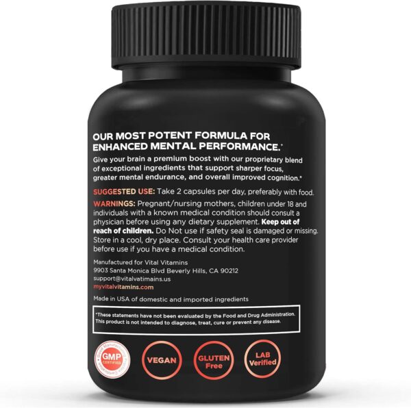 Vital Vitamins Nootropic Brain Supplement Plus - for Memory, Focus, Concentration, Neuro Energy, Clarity - with Lion's Mane Mushrooms - 60 Capsules