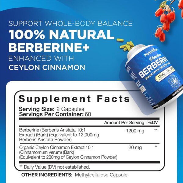 Nutrivein Premium Berberine HCL 1200mg Plus Organic Ceylon Cinnamon - 120 Capsules - Supports Immune System, Weight Management - Berberine HCI Supplement
