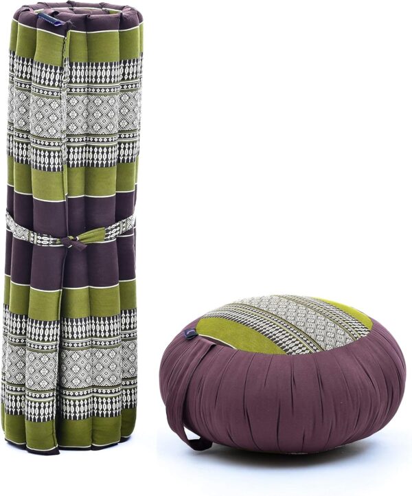 Leewadee Meditation Cushion Set – 1 Round Zafu Meditation Pillow and 1 Square Roll-Up Zabuton Meditation Mat, Pillows Bundle Filled with Kapok
