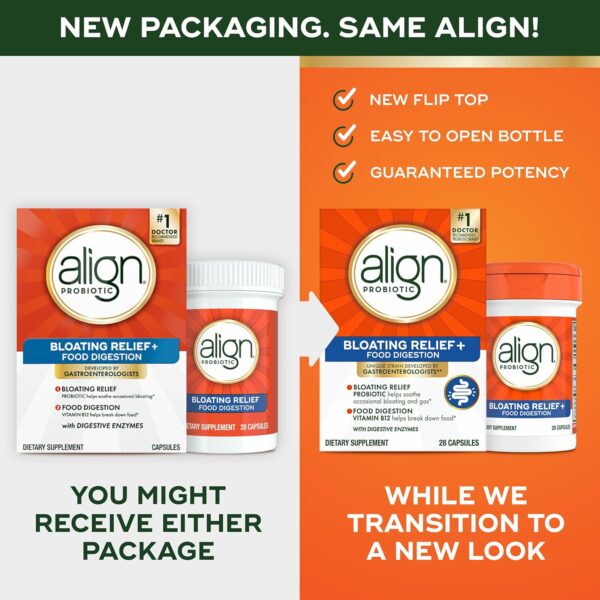 Align Probiotic Bloating Relief + Food Digestion, Probiotics for Women and Men, Promotes Digestive Health and Helps Support the Metabolism of Food*, 28 Capsules (Packaging May Vary)