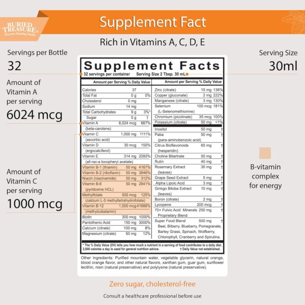 Buried Treasure VM100 Daily Multi - 32 Servings, Liquid Vitamins Minerals Supplement with Dose Cup
