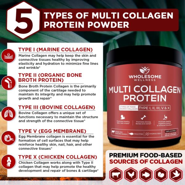 Multi Collagen Protein Powder Hydrolyzed (Type I II III V X) Grass-Fed All-in-One Super Bone Broth + Collagen Peptides - Premium Blend of Beef, Chicken, Wild Fish, Eggshell, 58 Servings, Unflavoured
