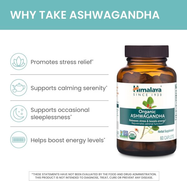Himalaya Organic Ashwagandha, 60 Day Supply, Herbal Supplement for Stress Relief, Energy Support, Occasional Sleeplessness, Organic, Non-GMO, Vegan, Gluten Free, 670 mg, 60 Caplets