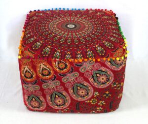 CRAFT KALA Large Hippie Mandala Meditation Floor Ottoman Pillow Cushion Pouf Cover Square Poufs Cover Bohemian Circle Floor Cushion Case Outdoor Fireplace Living Room Decor 18X18X14 inches, Red Mirchi