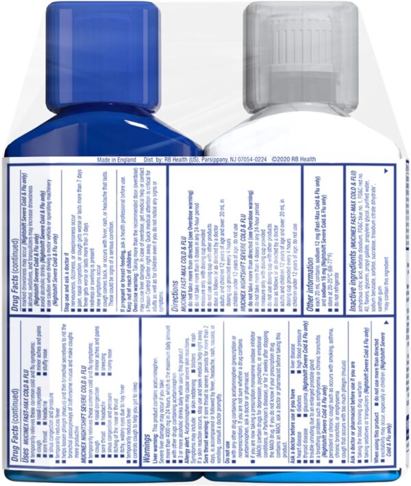 Mucinex Fast-Max Cold and Flu & Nightshift Severe Cold and Flu Medicine for Adults, Over-the-Counter Medication Combo Pack for Sore Throat Relief, Decongestant, Cough & Cold Medicines, 2 x 6 Fl Oz