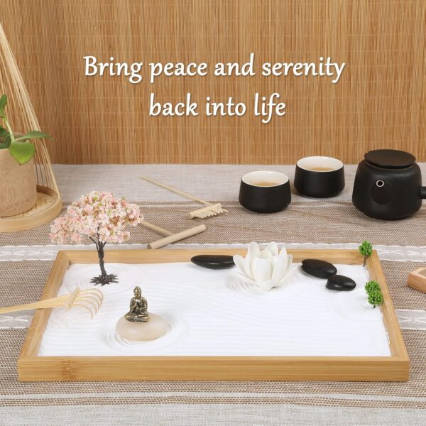 Zen Garden Kit for Office Desk, Japanese Meditation Decor Sand Art with Tray/Buddha Statue/Handmade Ceramic Lotus Incense Holder/Zen Accessories, Spiritual Gift for Women Men Yoga Mind Relaxation
