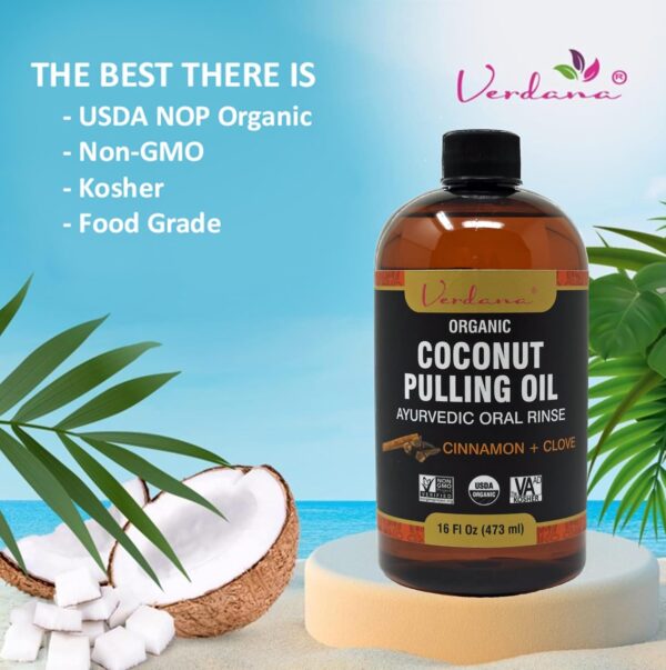 Verdana Organic Coconut Pulling Oil – Big 16 Fl Oz Size – Cinnamon + Clove - Ayurvedic Oral Rinse – USDA Organic, Kosher Non-GMO - Alcohol & Floride Free for Fresh Breath, Healthy Teeth