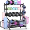PLKOW Dumbbell Rack, Weight Rack for Dumbbells, Home Gym Storage for Dumbbells Kettlebells Yoga Mat and Balls, All in One Workout Storage with Wheels and Hooks, Powder Coated Finish Steel