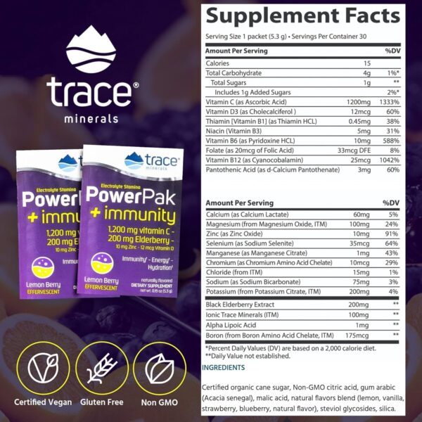 Trace Minerals PowerPak Plus Immunity - Hydration Support Supplement - Vitamin & Mineral Powder with Elderberry - Powder Packet to Aid Immunity & Energy - Fizzy Lemon Berry (30 Servings)