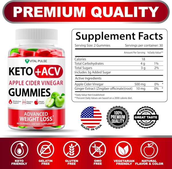 Keto ACV Gummies Advanced Weight Loss - ACV Keto Gummies for Weight Loss Gummy Supplement for Women and Men - Detox - Apple Cider Vinegar - Apple Flavor
