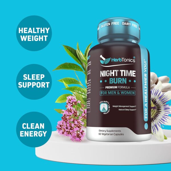 Herbtonics Night Time Weight Supplement with Melatonin to Support Sleep & Metabolism | Melatonin & L-Theanine for Women & Men | Sleep Aid Supplement with GLP-1 Support | 60 Vegan Capsules