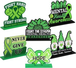 Amyhill 6 Pcs Mental Health Awareness Month Green Standing Block Sign Wooden Standing Table Centerpieces Motivational Green Ribbon Table Signs Decorations for Office Charity Party Supplies