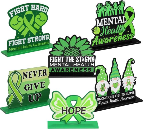 Amyhill 6 Pcs Mental Health Awareness Month Green Standing Block Sign Wooden Standing Table Centerpieces Motivational Green Ribbon Table Signs Decorations for Office Charity Party Supplies