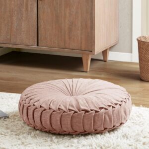 Intelligent Design Loretta Chenille Round Floor Pillow Meditation Cushion, Soft Color & Natural Luster Button Tufted with Elegant Pleated Details, Dia 22"x6"H, Blush