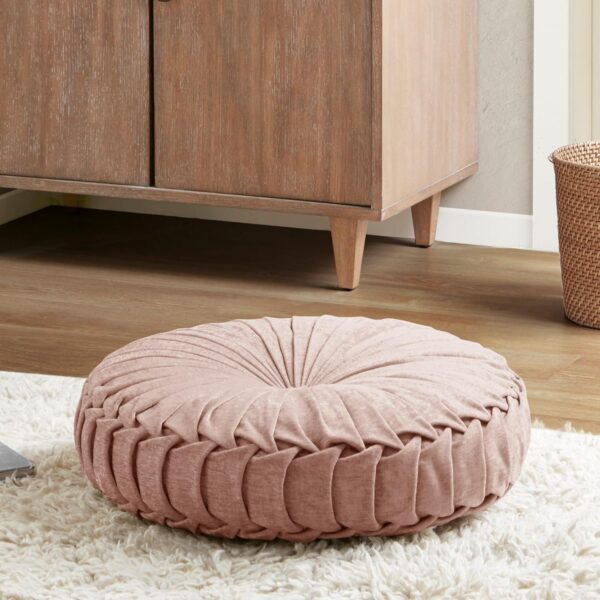 Intelligent Design Loretta Chenille Round Floor Pillow Meditation Cushion, Soft Color & Natural Luster Button Tufted with Elegant Pleated Details, Dia 22"x6"H, Blush