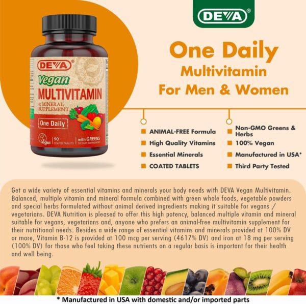 DEVA Vegan Multivitamin & Mineral Supplement - Vegan Formula with Green Whole Foods, Veggies, and Herbs - High Potency - Manufactured in USA and 100% Vegan - 90 Count (Pack of 2)