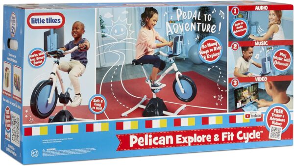 81PDpHiHZmS._AC_SL1500_.jpg Little Tikes Pelican Explore & Fit Cycle Adjustable Play Fitness Exercise Equipment Stationary Bike with Videos and Built-in Bluetooth Speaker, For Kids Ages 3-7 Years, WHITE, BLUE