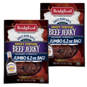 Bridgford Sweet Baby Ray’s Beef Jerky Sweet Teriyaki 6.2 oz Pack of 2 - High Protein Beef Jerky for Low Carb and High Protein Diets - Beef Jerky Teriyaki for On the Go Snacking and Busy Lifestyles