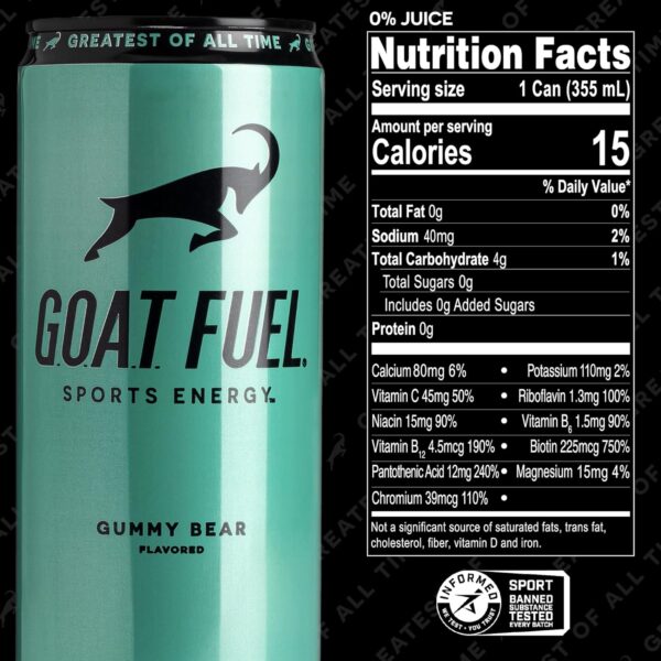 81PcDR-2IXL._SL1500_.jpg G.O.A.T. Fuel Energy Drink With Natural Caffeine, Electrolytes, BCAAs, Cordyceps Mushrooms & Antioxidants, Lightly Carbonated Pre Workout & Sports Energy Drink, 12 Pack, 12 FL Oz Cans, Gummy Bear