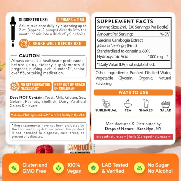 Garcinia Cambogia - Appetite Suppressant for Weight Loss - Stronger Than Pills & Capsules (60% HCA) 4X Ultra Concentrated Liquid Supplement - Carb Blocker - 2 fl. oz. Natural Raspberry Mango