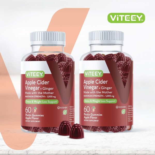 Apple Cider Vinegar Gummies 1,000mg Plus Ginger, ACV with The Mother, Detox Cleanse for Weight Loss and Immune Support, Vegan, Gluten Free, Gelatin Free, GMO Free - Chewable Apple Flavored Gummy