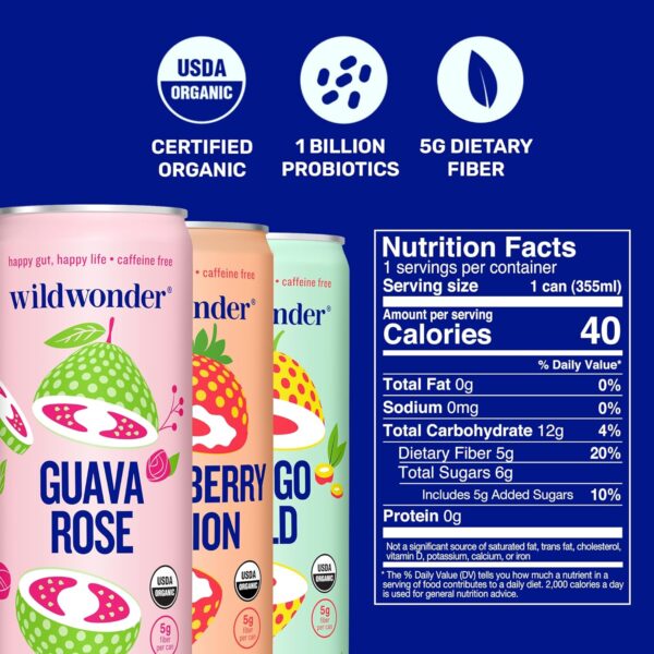 wildwonder Sparkling Probiotic Juice Drink w/Gut Health Immunity, 5g Fiber, Live Probiotics, Caffeine Free, Organic, Vegan, Low Sugar, 12pk 12oz, Tropical Vibes Variety Pack, As Seen on Shark Tank