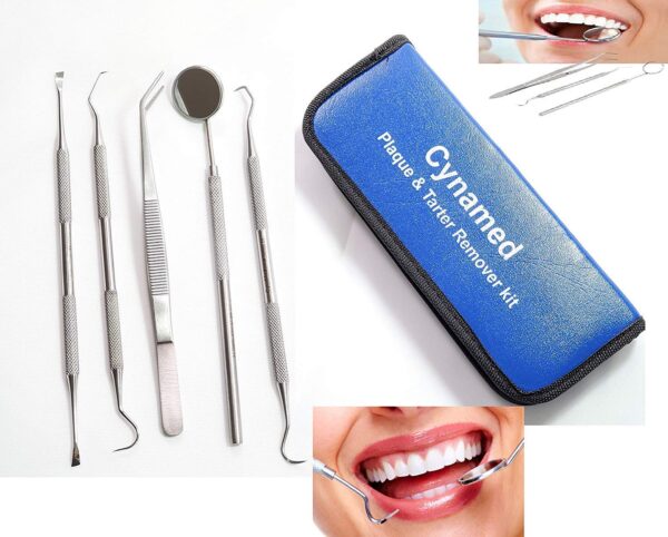 Dental Hygiene set of 5-Stainless Steel Tarter Scraper/Scaling Remover, Dental Toothpick, Mouth Mirror Scaler Tweezer For Calculus &Tartar Removal-Dentists Set is Ideal for Personal Use & Pet Friendly
